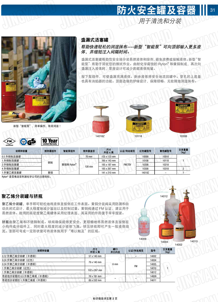 美國杰斯瑞特，JUSTRITE，活塞安全罐，盛漏式活塞罐，化學(xué)品分裝罐，